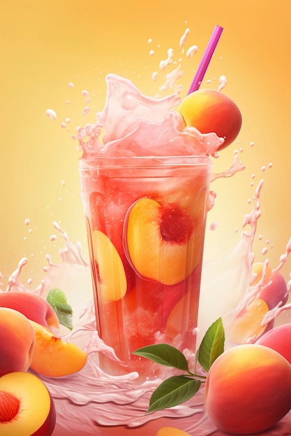 Advertisement for juice with glass and fruit