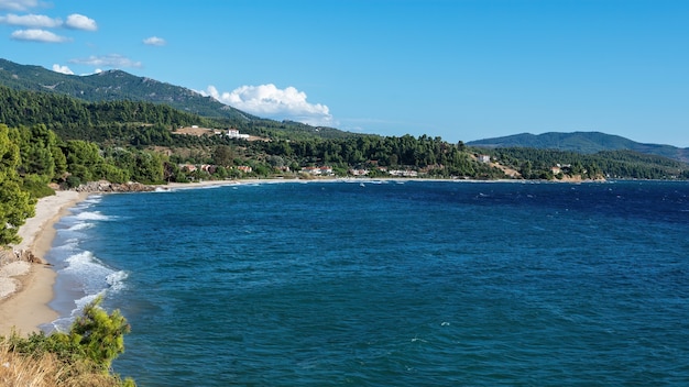 Aegean sea coast of Greece, rocky hills with growing trees and bushes, buildings located near the coast