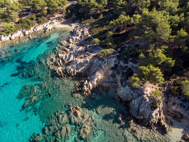 Aegean sea coast with blue transparent water, greenery around, rocks, bushes and trees, view from the drone, Greece