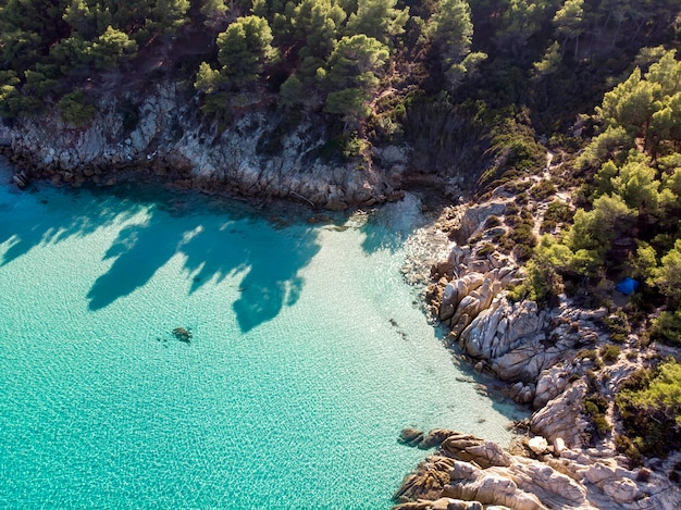 Aegean sea coast with blue transparent water, greenery around, rocks, bushes and trees, view from the drone, Greece