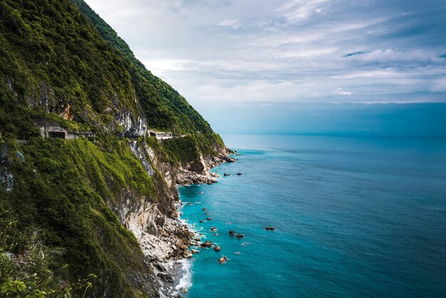 Aerial beautiful shot of forested cliffs near a blue clear ocean