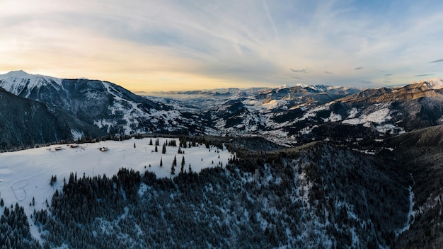 Aerial drone panoramic view of the Carpathians in winter Romania Bare forest and snow