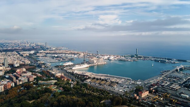 Aerial drone view of Barcelona Spain Multiple residential and office buildings a lot of greenery