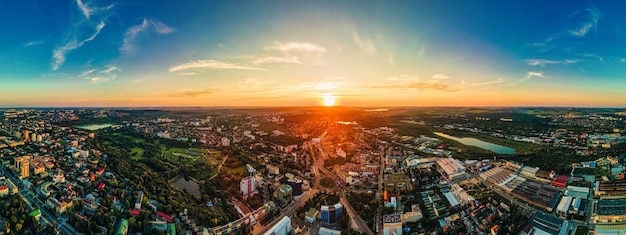 Aerial drone view of Chisinau downtown Panorama view of multiple buildings roads Parks