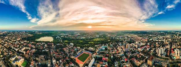 Free photo aerial drone view of chisinau downtown panorama view of multiple buildings roads