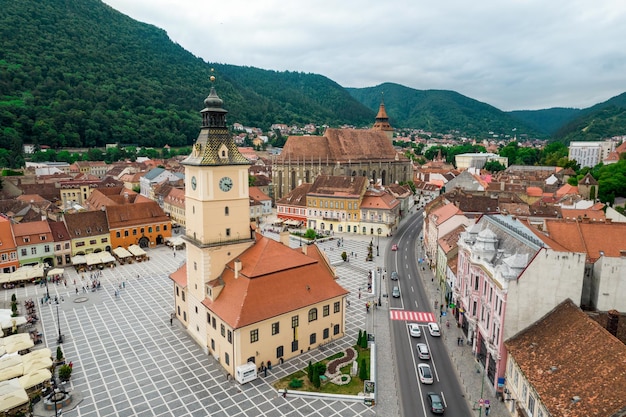 Free photo aerial drone view of the council square in brasov romania