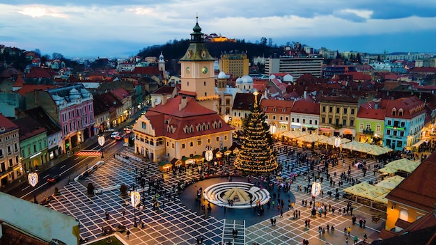 Aerial drone view of The Council Square decorated for Christmas in Brasov Romania