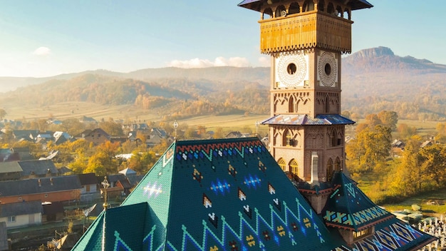 Aerial drone view of The Merry Cemetery in Sapanta, Romania