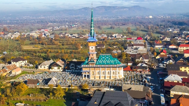 Aerial drone view of The Merry Cemetery in Sapanta, Romania