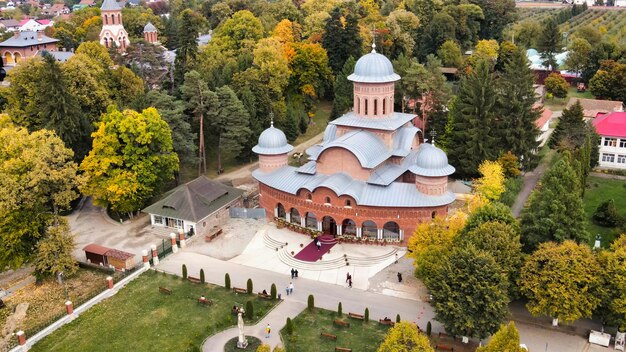 Aerial drone view of The Monastery of Curtea de Arges, Romania