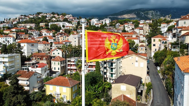 Aerial drone view of the national flag of Montenegro