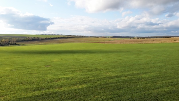 Aerial drone view of nature in Moldova, sown fields, trees in the distance, cloudy sky