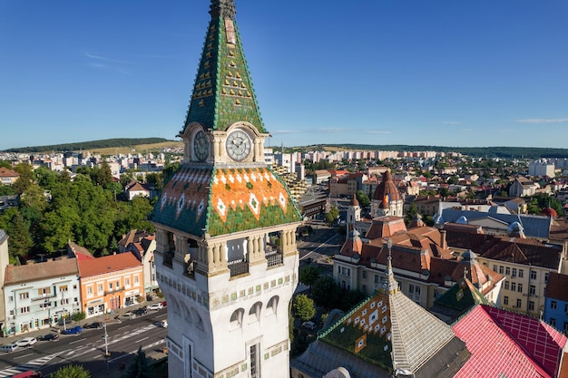 Free photo aerial drone view of prefecture tower in targu mures romania