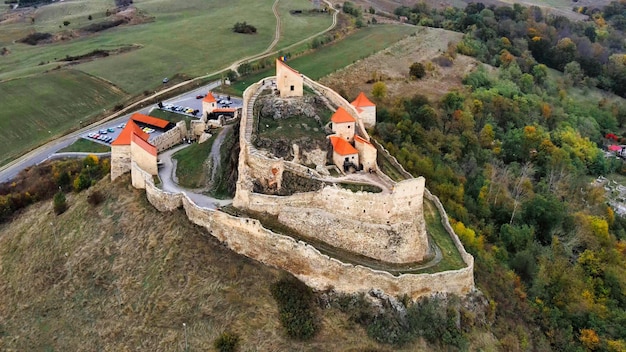 Aerial drone view of Rupea Fortress, Romania