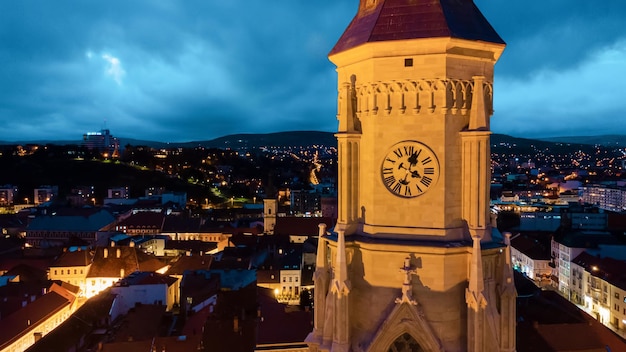 Aerial drone view of Saint Michael Church in Cluj at evening Romania