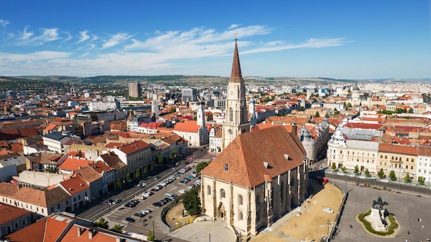 Aerial drone view of Saint Michael Church in Cluj Romania