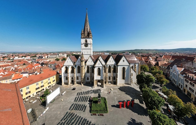 Free Photo aerial drone view of the sibiu lutheran cathedral romania