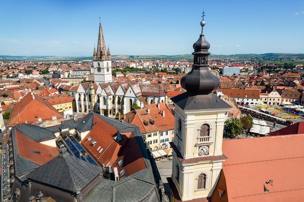 Aerial drone view of the Sibiu Lutheran Cathedral Romania