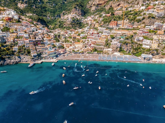 Aerial drone view of the Tyrrhenian sea coast in Positano Italy