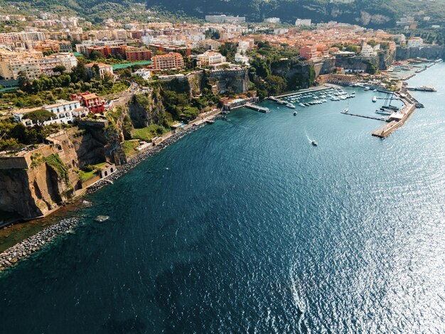 Aerial drone view of the Tyrrhenian sea coast in Sorrento Italy