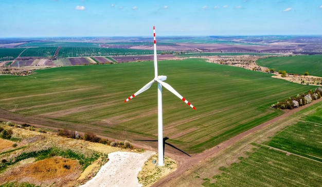 Aerial drone view of wind turbine in Moldova