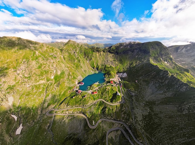 Aerial drone wide view of Transfagarasan route nature in Romania