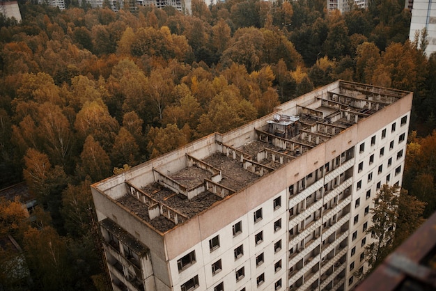 Aerial panorama view of Chernobyl exclusion zone with ruins of abandoned pripyat city zone radioactivity ghost town with empty building