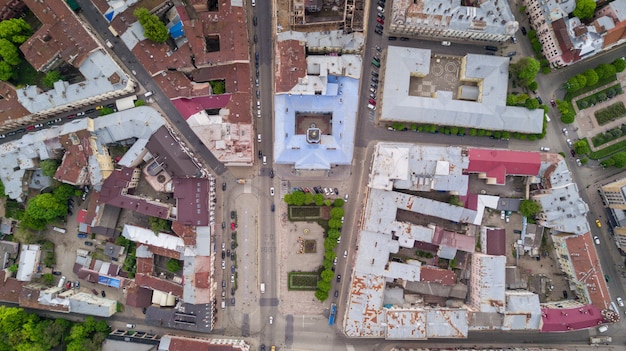 Aerial photo of chernivtsi Buildings and street of European city