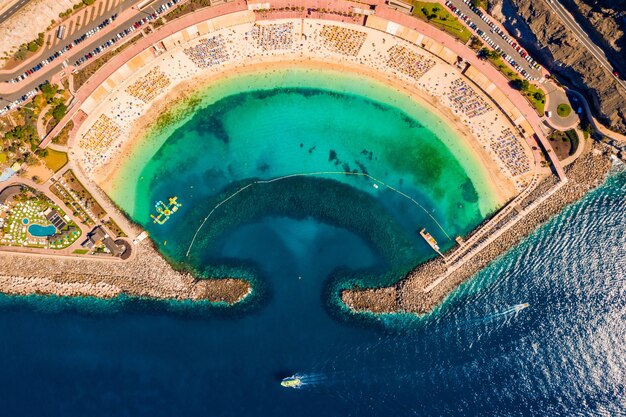 Aerial shot of Amadores beach on the Gran Canaria island in Spain