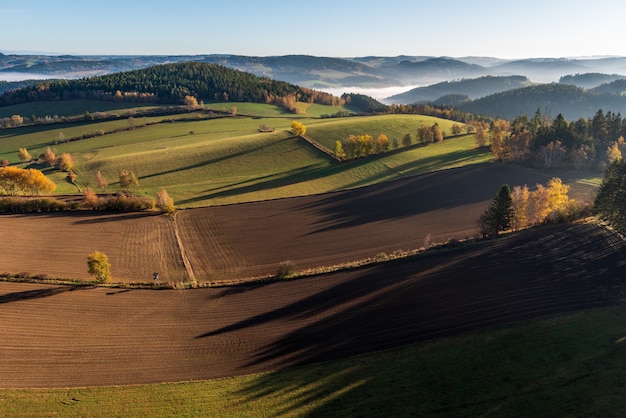 Free Photo aerial shot of a beautiful green landscape with a lot of trees and grassy hills