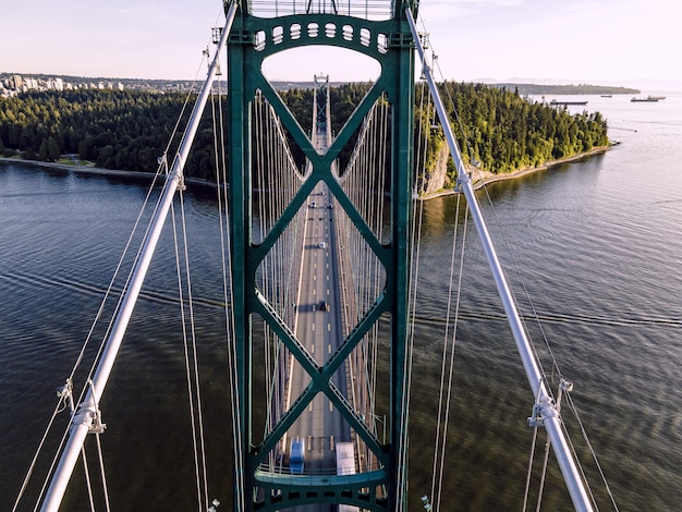 Aerial shot of the beautiful Lions Gate Bridge,  Vancouver, British Columbia