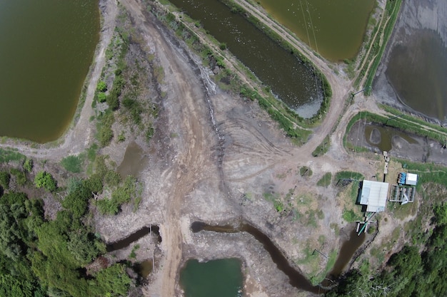 Aerial shot of a dirty polluted lake