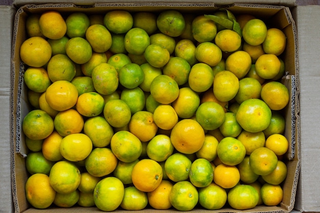 Aerial shot of a fresh mandarin fruit inside the box