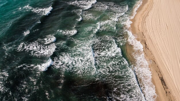 Aerial shot of green ocean waves with a sandy seashore