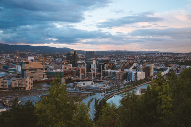 Aerial shot of the houses and buildings in the city of Oslo in Noway