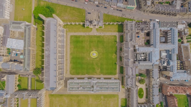 Aerial shot of King's College campus of Cambridge University in Cambridge, United Kingdom