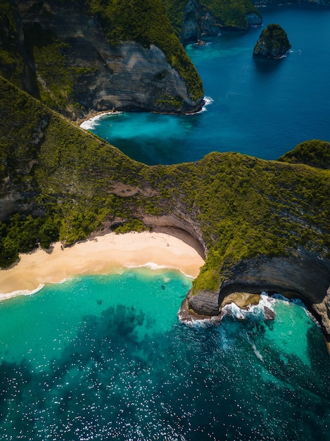 Free Photo aerial shot of the ocean  surrounded by beautiful cliffs covered in greens