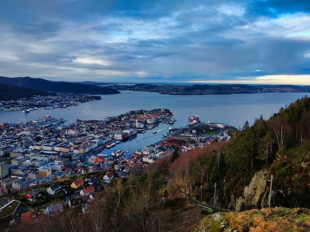 Aerial shot of the peninsula city in Bergen, Norway under a cloudy sky