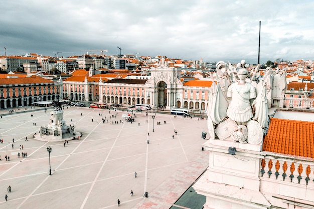 Aerial shot of the  Praca Do Comercio square in Lisbon, Portugal