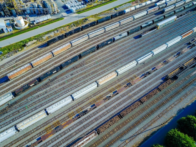 Aerial shot of railroad tracks and cars