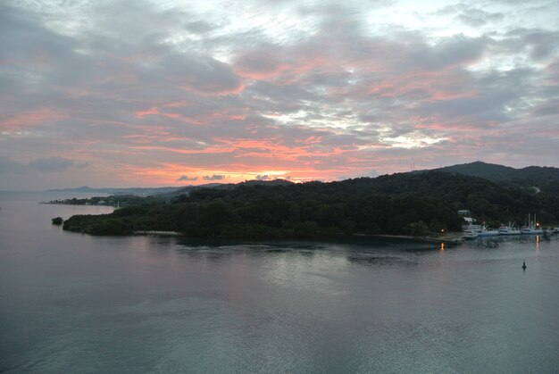 Aerial shot of the shore of an island covered in forests during sunset