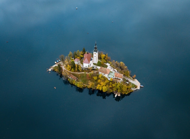 Free photo aerial shot of a small island with houses in the middle of the ocean