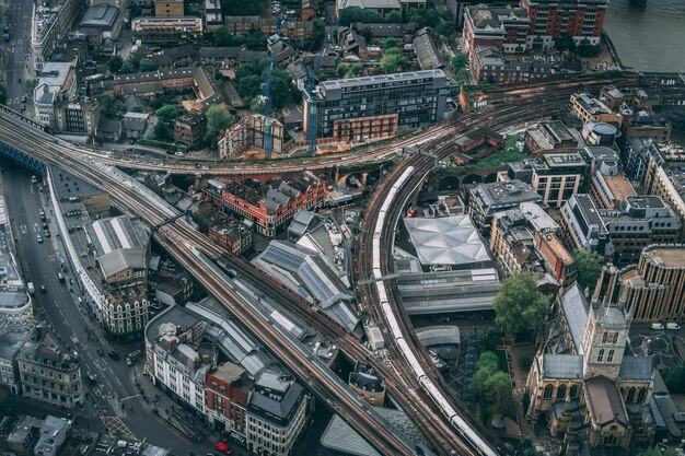 Aerial shot of an urban city at sunrise