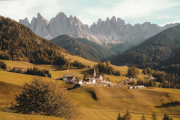 Free Photo aerial shot of a village on a dry grassy hill surrounded by the forested mountains at daytime