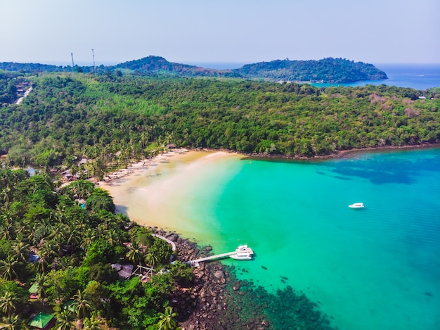 Aerial view of beautiful beach and sea with coconut palm tree