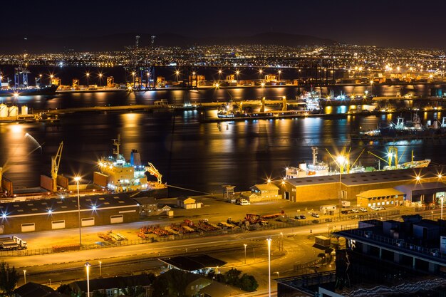 Aerial view of business district at night