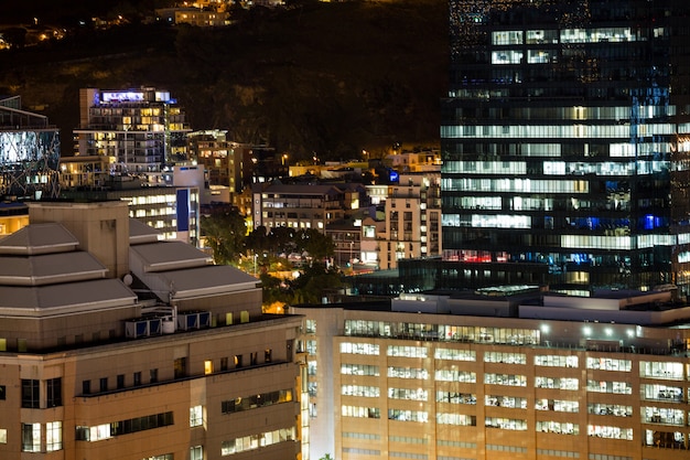 Aerial view of business district at night