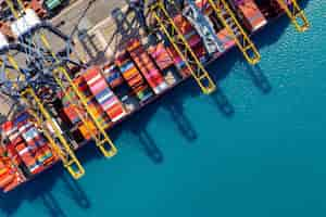 Free photo aerial view of cargo ship and cargo container in harbor