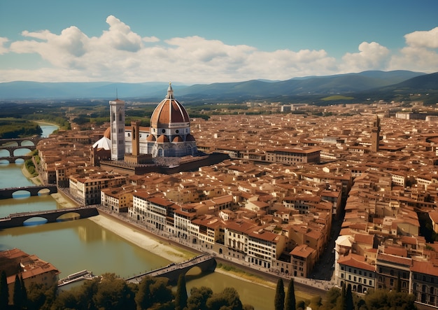 Aerial view on city by water