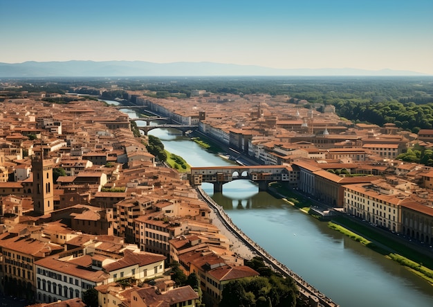 Aerial view on city by water